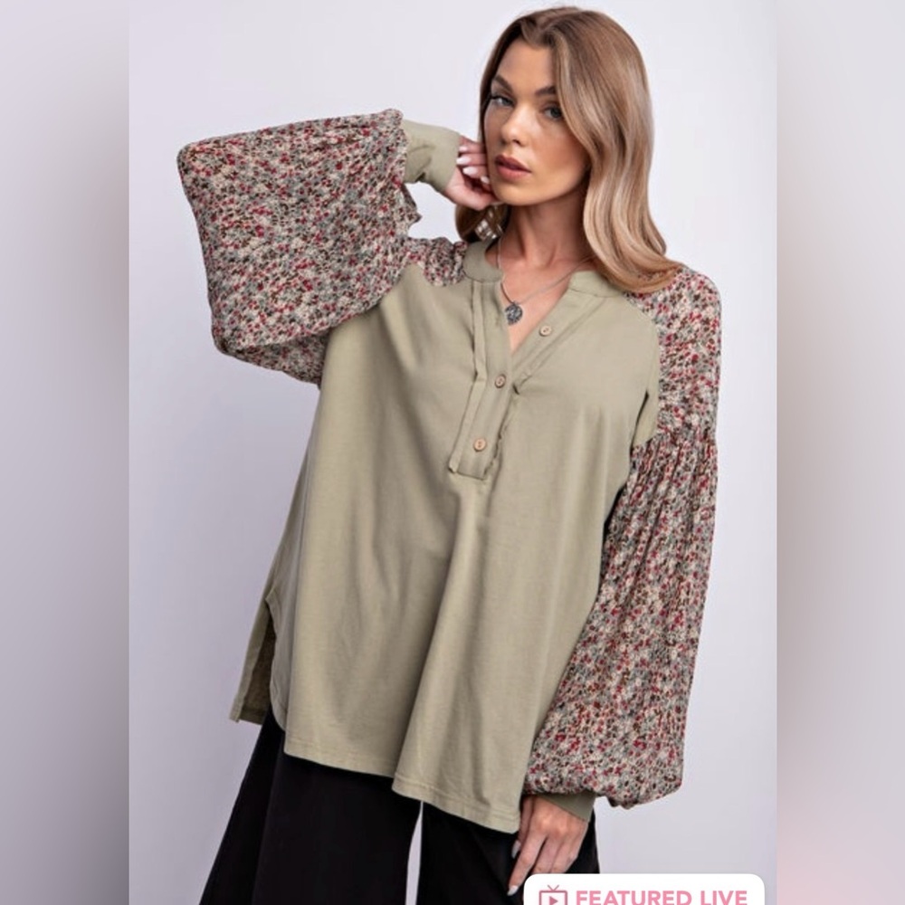 Easel Henley with Floral Sleeves